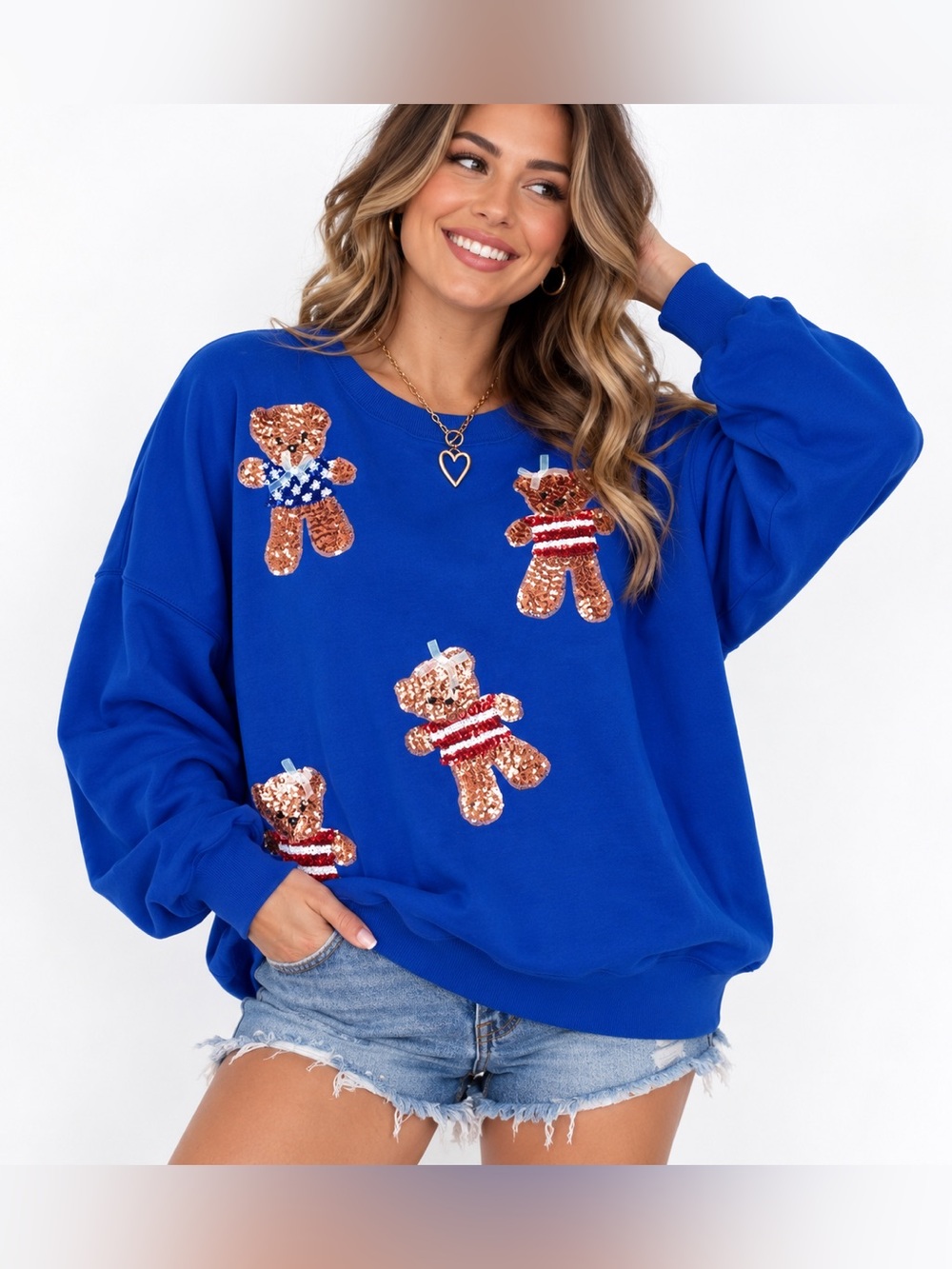 Red, White and Blue Sweatshirt with Sequin Teddy Bear Appliqués large